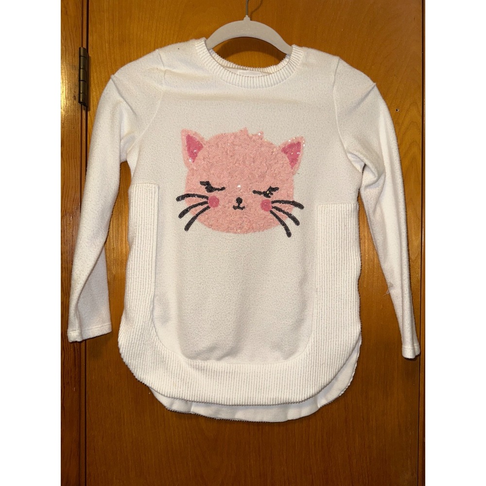 Colortree Girls Medium‎ 10-12 White Pink Warm Cozy Sweater Cat Kitten Sequins
